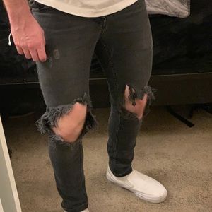 Topman Blown Out Knee Distressed Black Denim Jeans